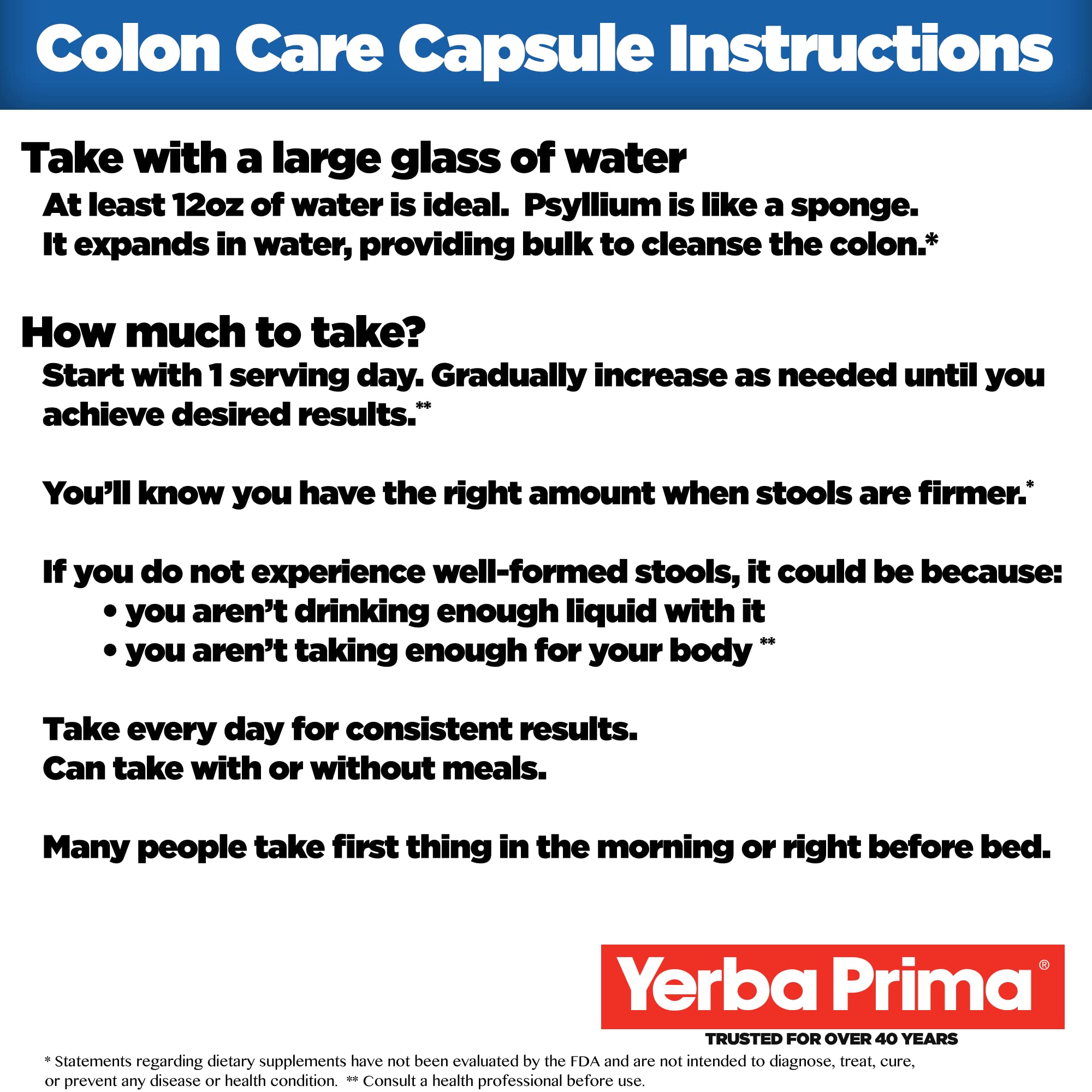 Yerba Prima Colon Care psyllium fiber image emphasizes bulk to aid regularity.