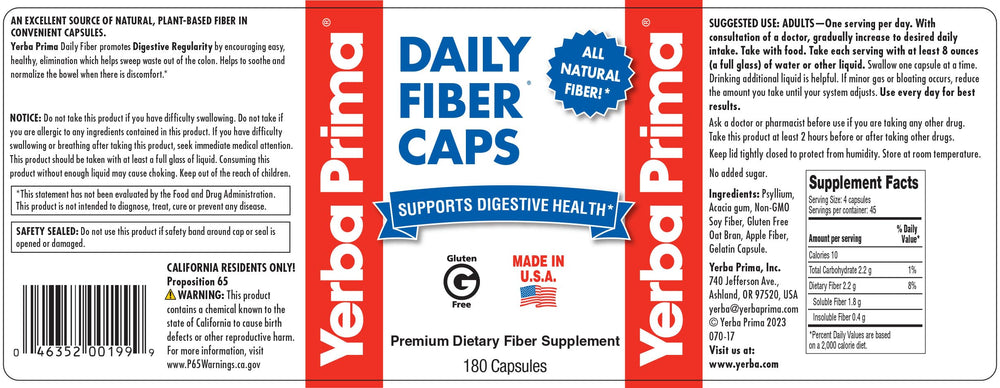 Yerba Prima Daily Fiber Caps fiber types graphic shows soluble and insoluble options