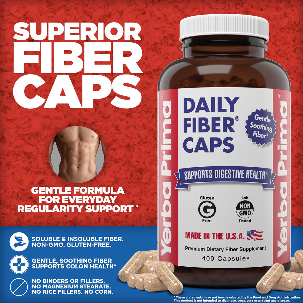 Yerba Prima Daily Fiber Caps packaging and label, clear ingredient breakdown for informed choices.