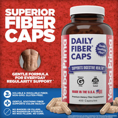 Yerba Prima Daily Fiber Caps packaging and label, clear ingredient breakdown for informed choices.