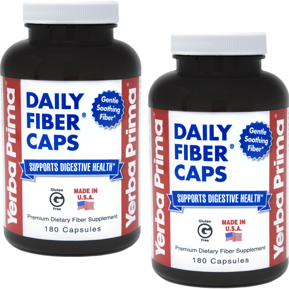Yerba Prima Daily Fiber Formula bottle front view with vegan, gluten-free fiber support for regularity