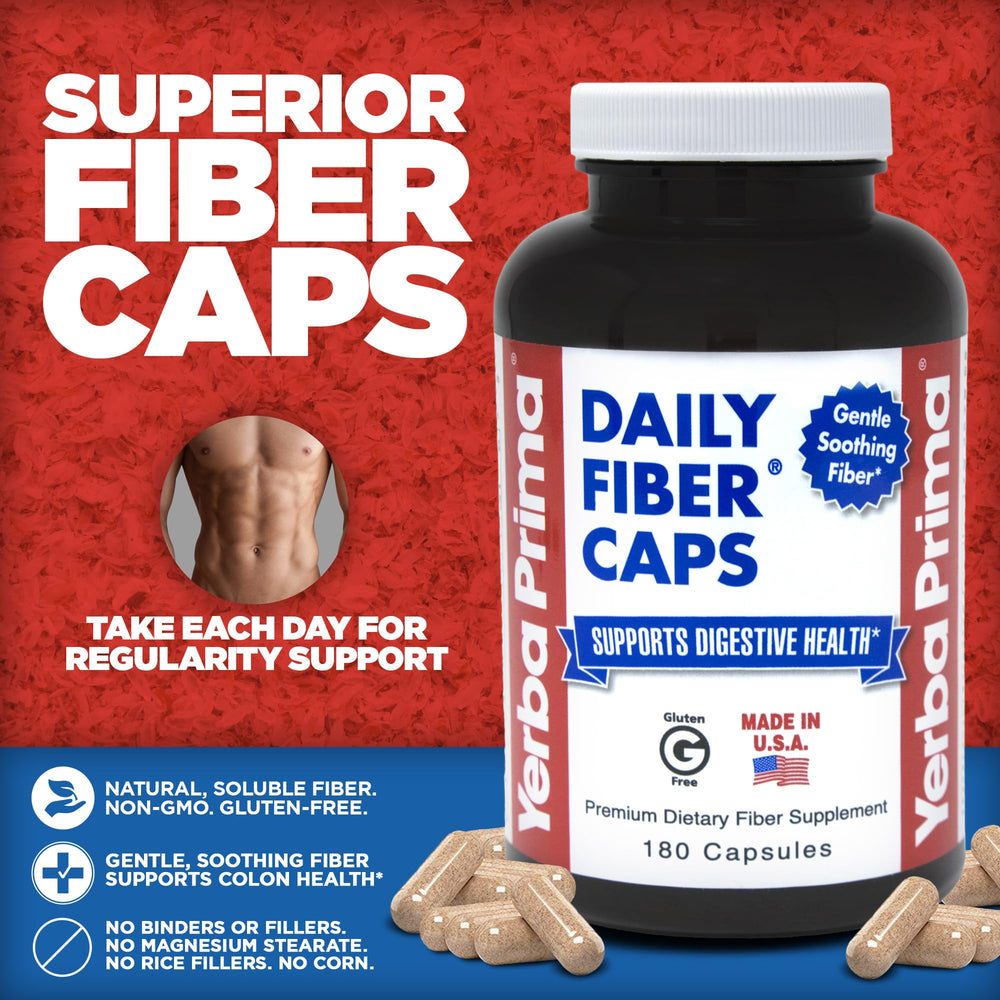 Yerba Prima Daily Fiber Formula capsules being poured for on-the-go digestive support