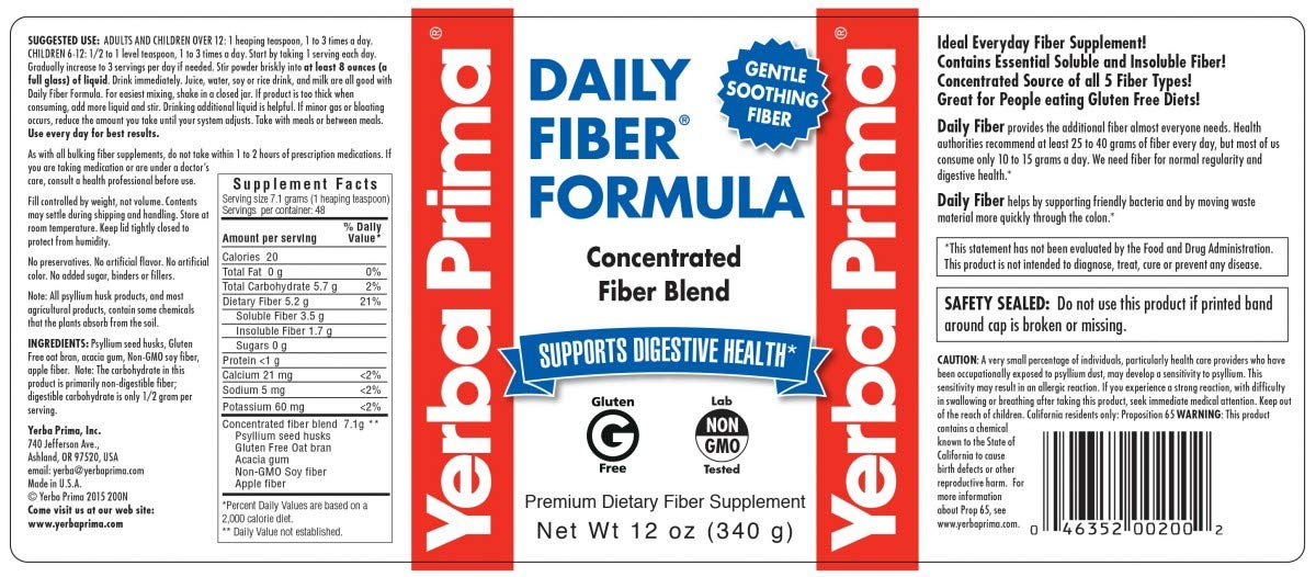 Yerba Prima Daily Fiber Formula tub closeup showing balanced fiber blend