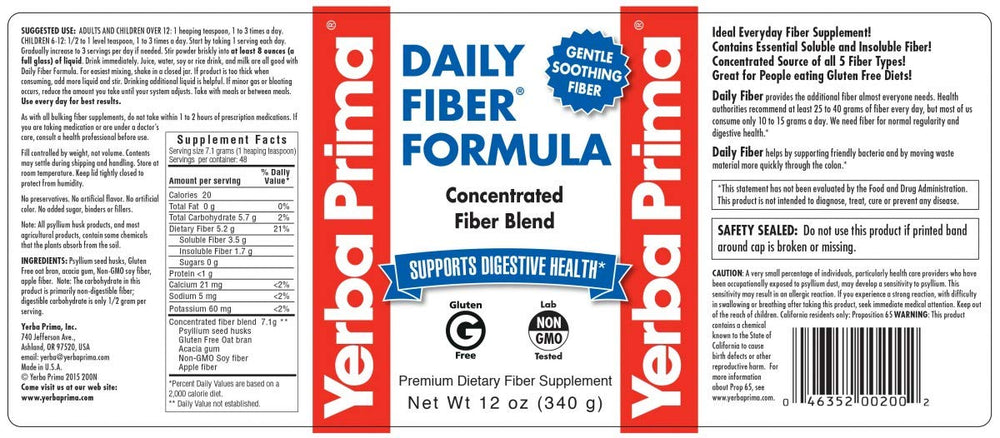 Yerba Prima Daily Fiber Formula tub closeup showing balanced fiber blend