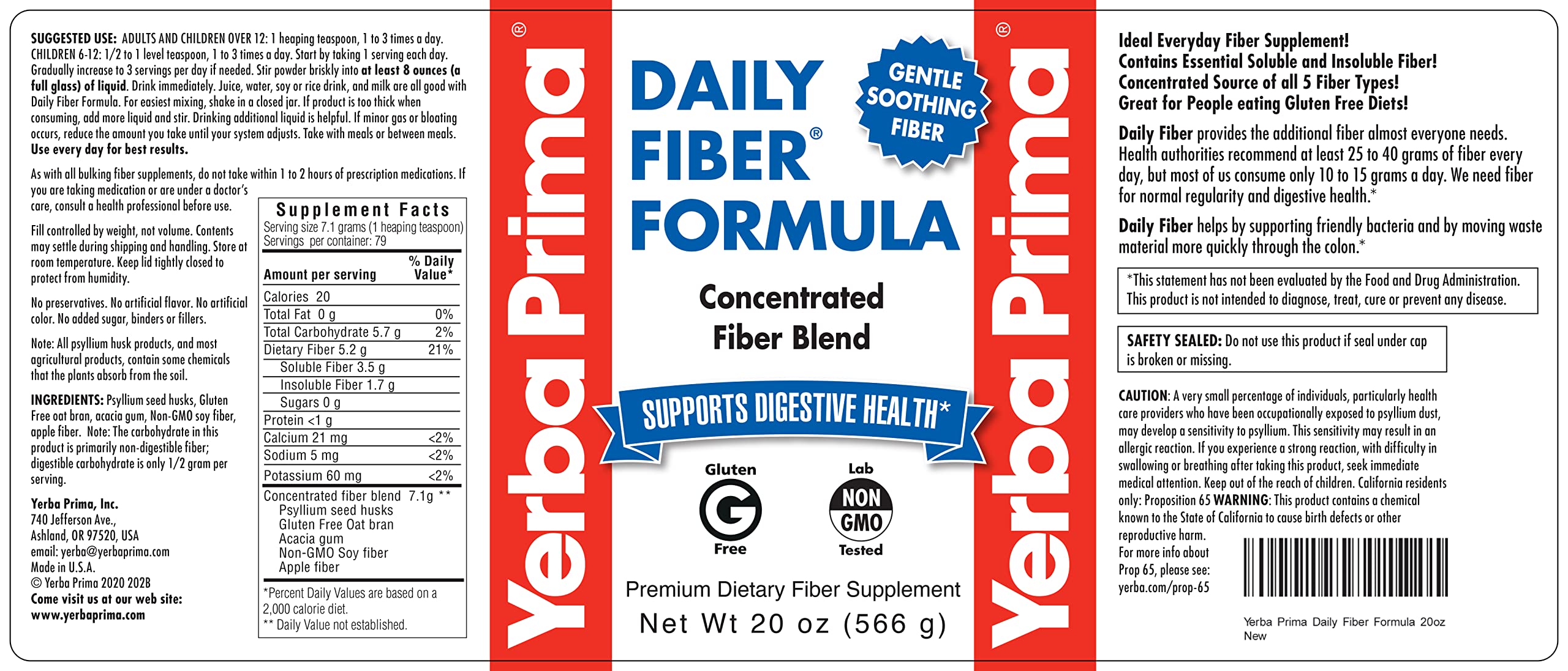 Yerba Prima Daily Fiber Formula ingredients label close-up highlighting its fiber types.