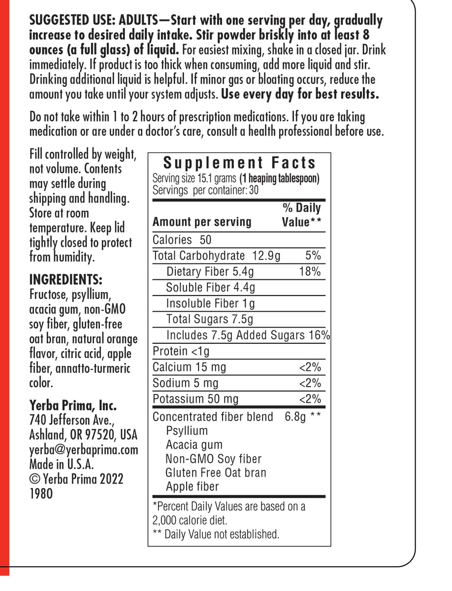 Yerba Prima orange fiber nutrition label emphasizes gluten-free, non-GMO features.