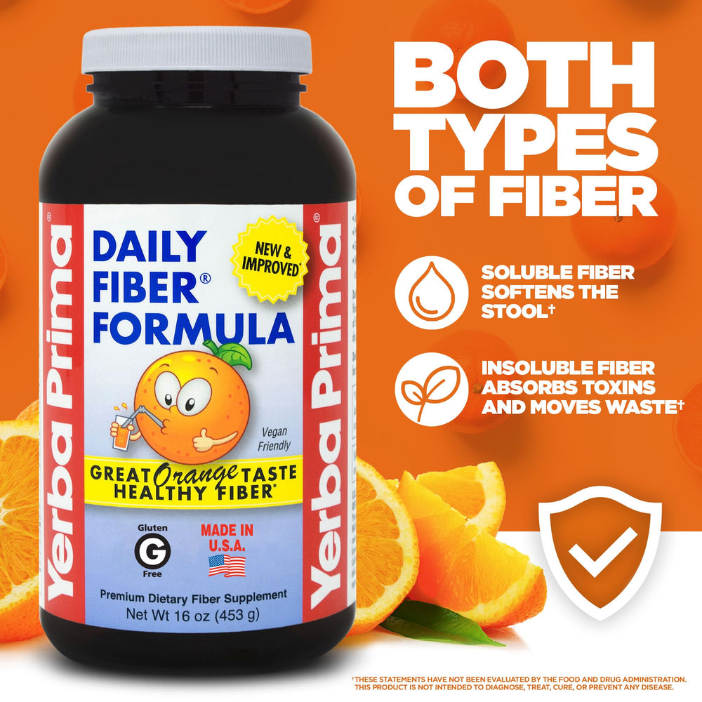 Yerba Prima Daily Fiber orange measuring scoop enables simple dosing.