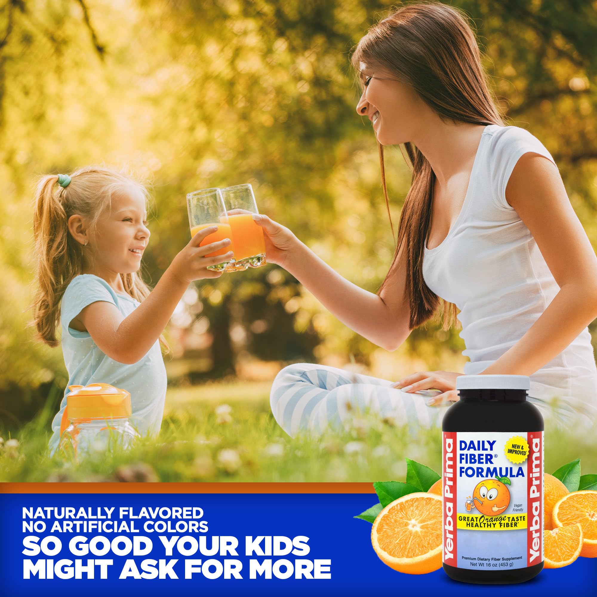 Yerba Prima orange fiber formula badge confirms gluten-free, non-GMO benefits.