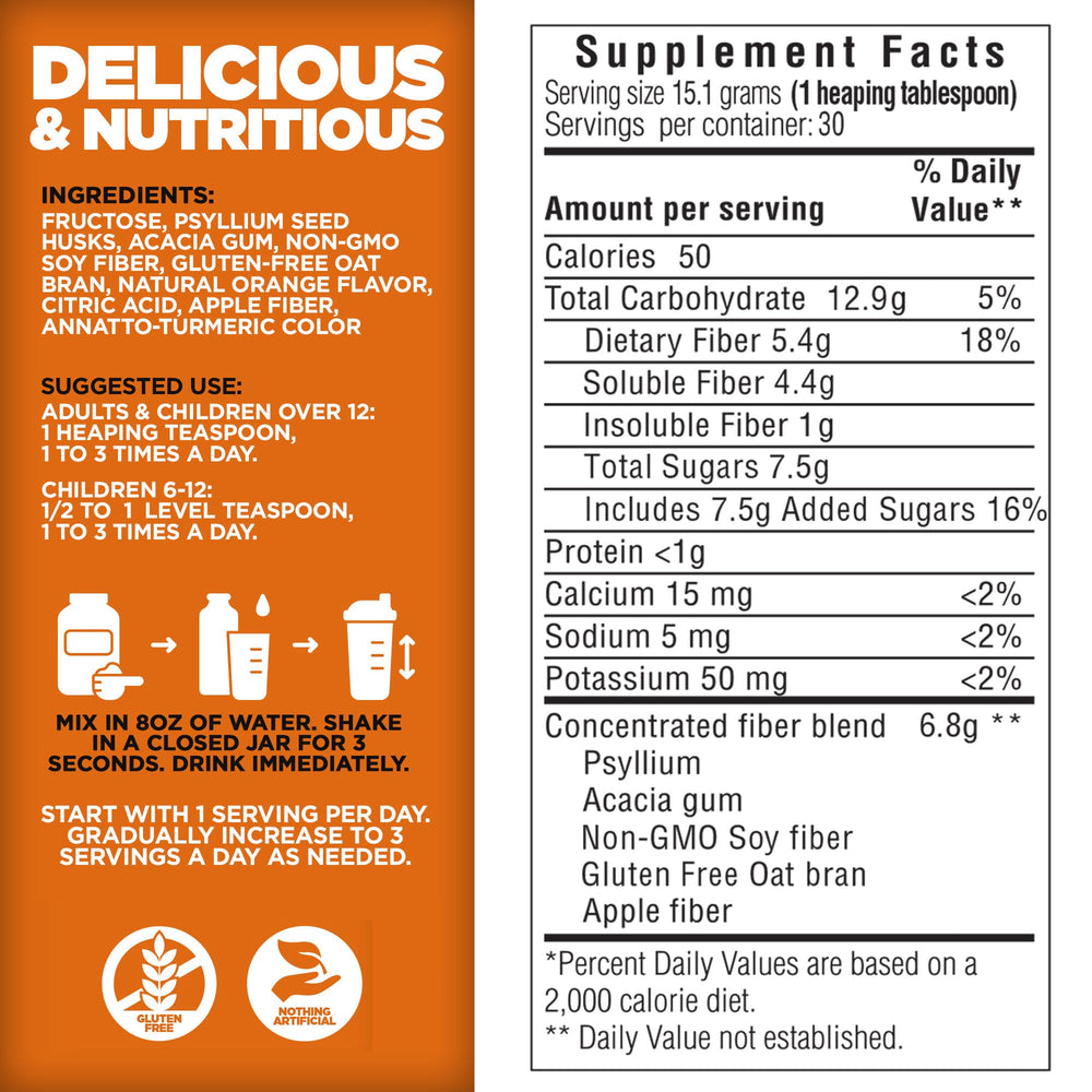 Yerba Prima Daily Fiber orange tub highlights gluten-free, non-GMO formulation.