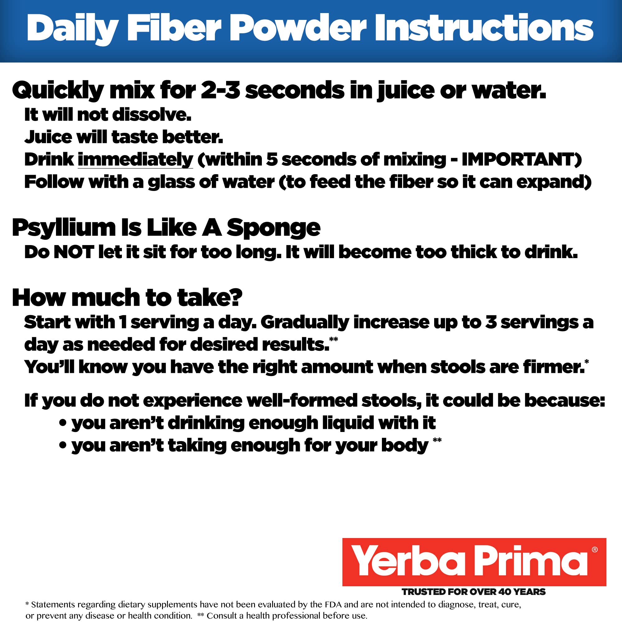 Yerba Prima Daily Fiber Formula powder being dispensed for quick, convenient mixing.