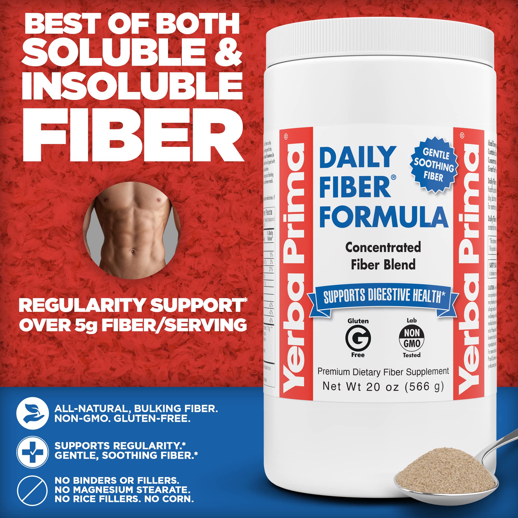 Yerba Prima Daily Fiber Formula powder poured into juice to show flexible consumption.