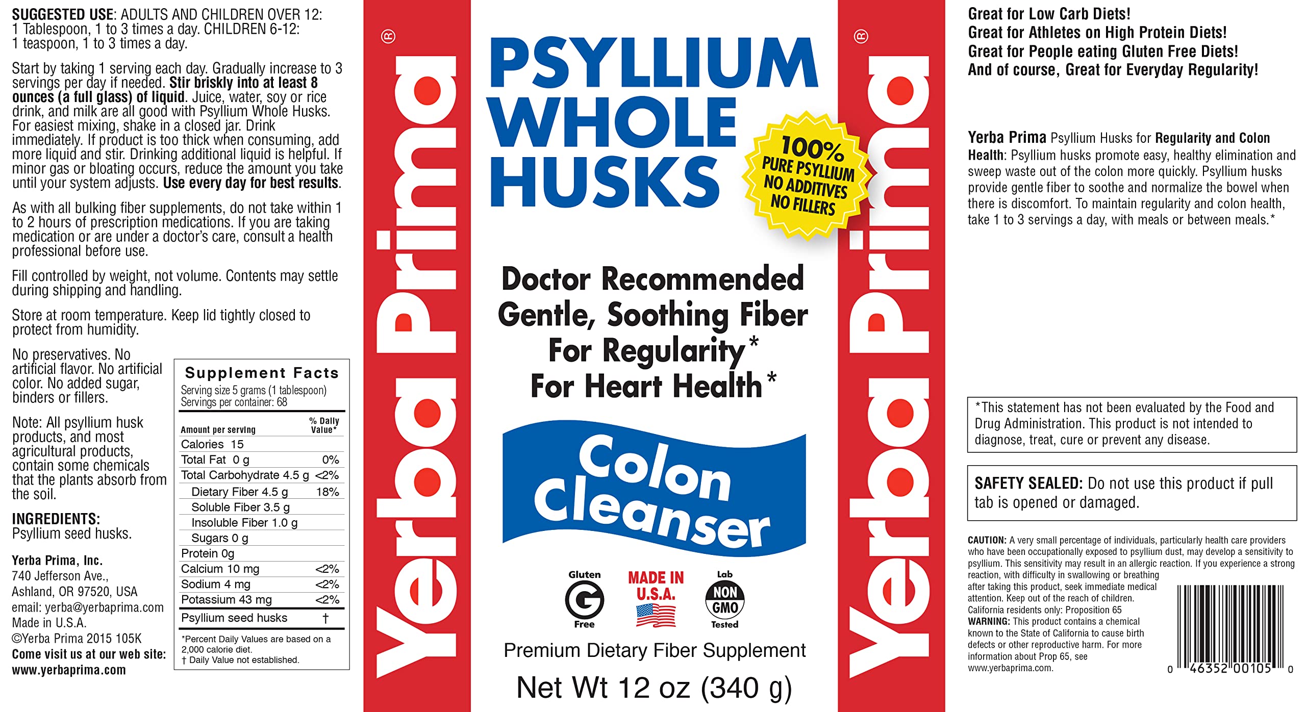 Yerba Prima Psyllium bottle with doctor recommended endorsement visible.