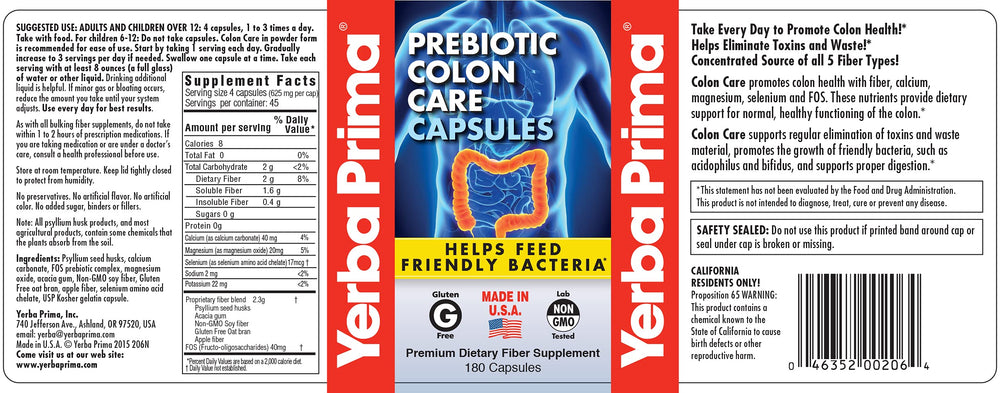 Yerba Prima fiber calcium magnesium selenium capsules on a clean surface