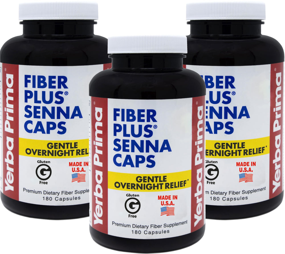 Yerba Prima Fiber Plus Senna capsules bottle front promoting gentle overnight regularity