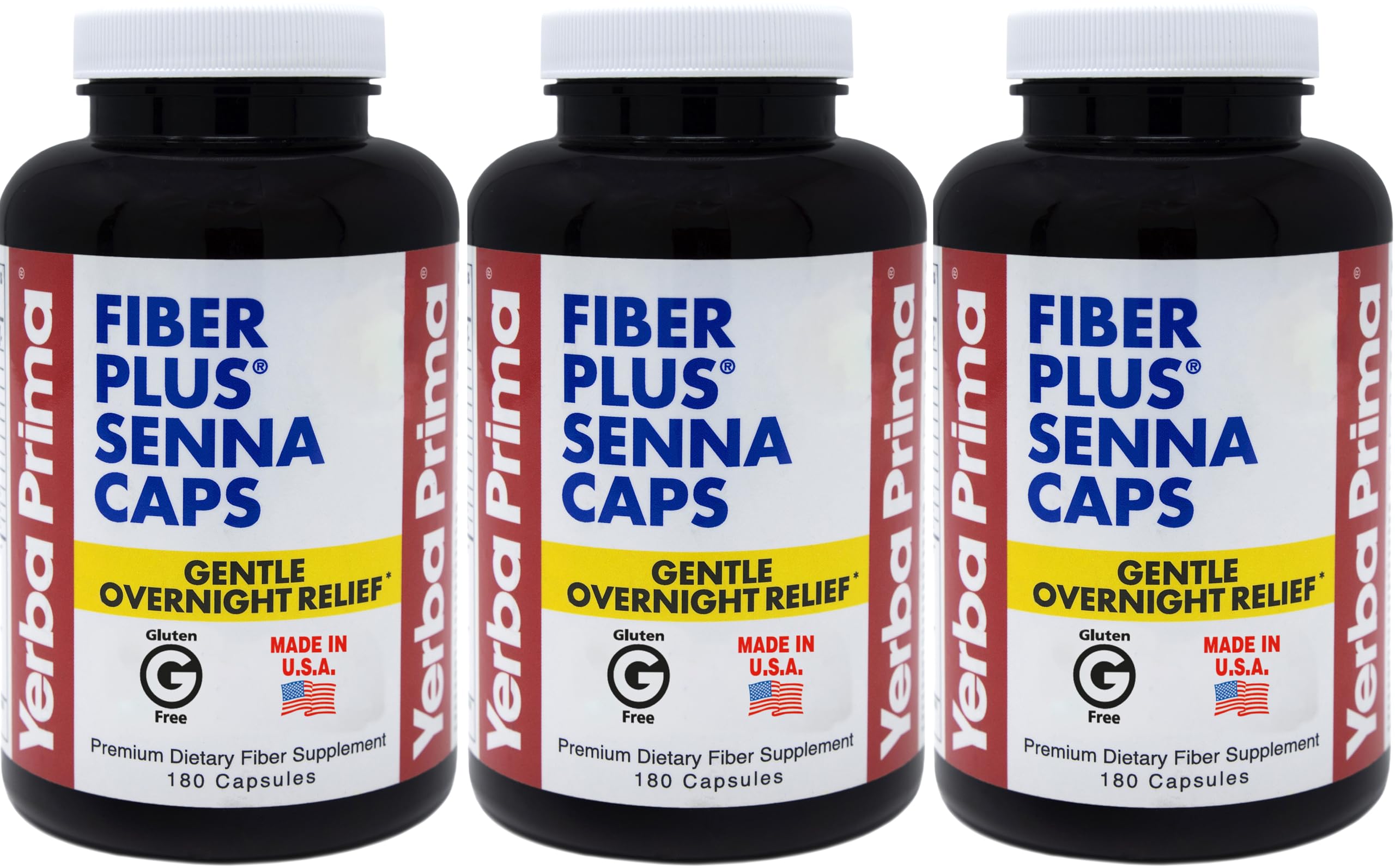 Yerba Prima Fiber Plus Senna capsules front view for convenient overnight relief.