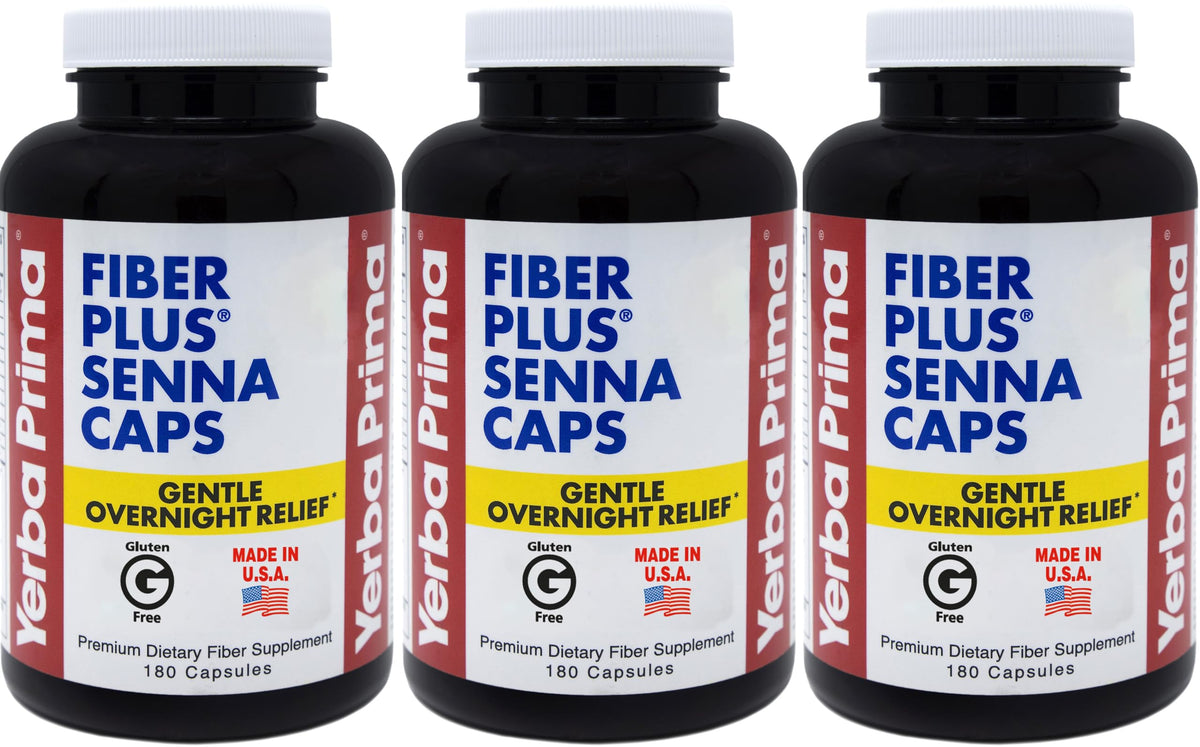 Yerba Prima Fiber Plus Senna capsules front view for convenient overnight relief.
