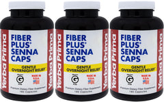 Yerba Prima Fiber Plus Senna capsules front view for convenient overnight relief.