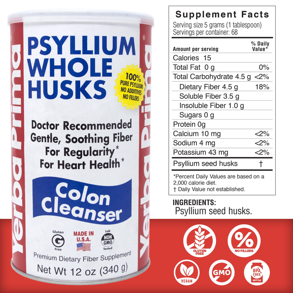 Yerba Prima Psyllium package shows gluten-free label for sensitive diets.