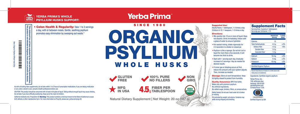 Yerba Prima Psyllium vegan symbol emphasizes plant-based fiber