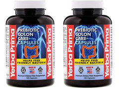 Yerba Prima prebiotic colon care capsules bottle, highlighting fiber and FOS benefits