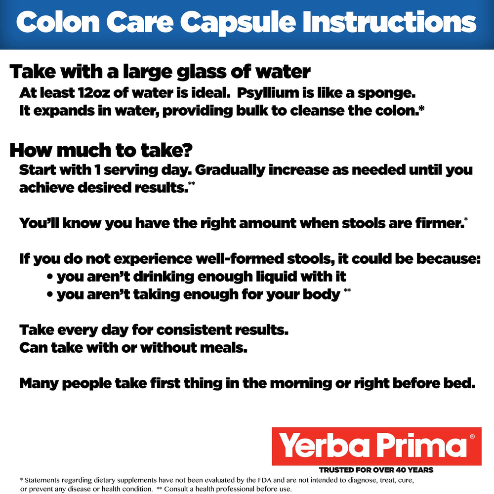 Capsules from Yerba Prima Prebiotic Colon Care for regularity and gut comfort.