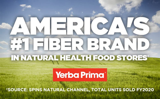 Yerba Prima capsules arranged to showcase five fiber types for regularity.