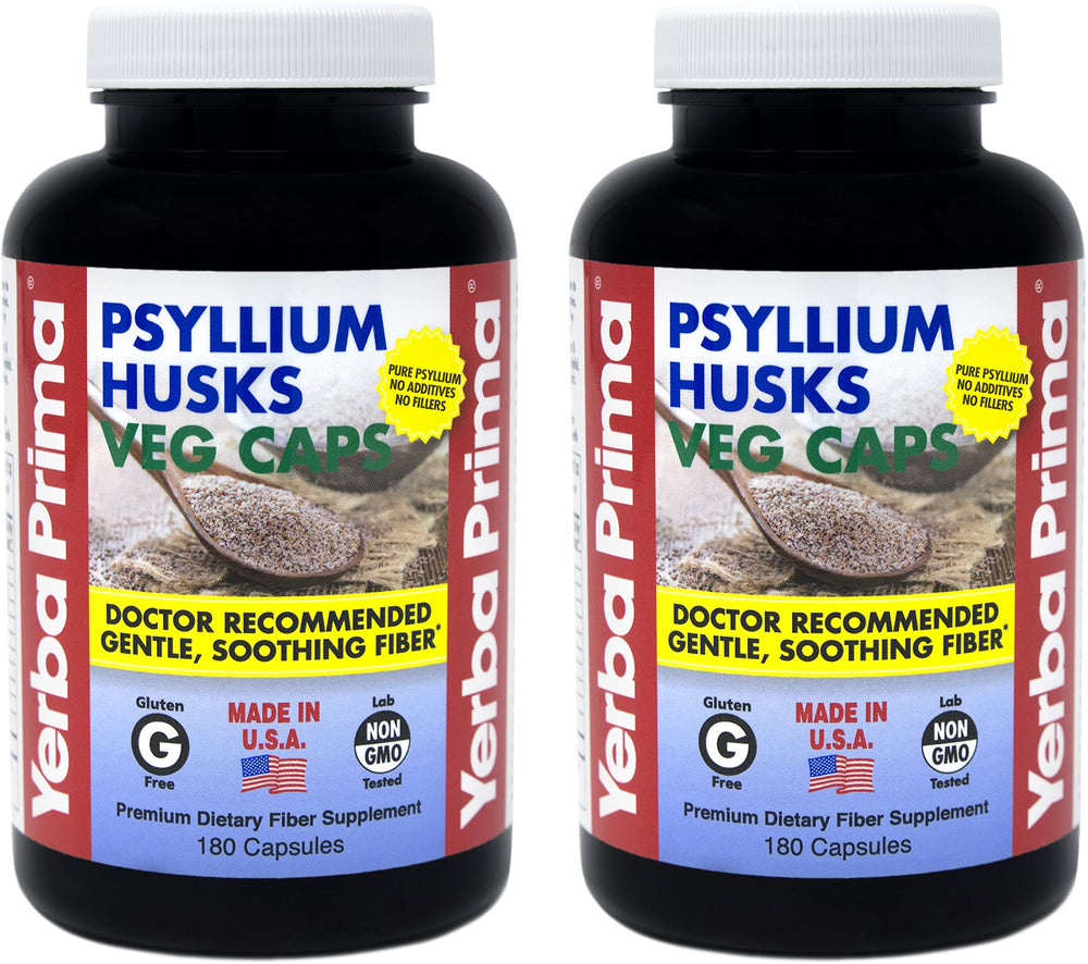 Yerba Prima Psyllium Husk Capsules bottle front – vegan fiber support for daily gut health.