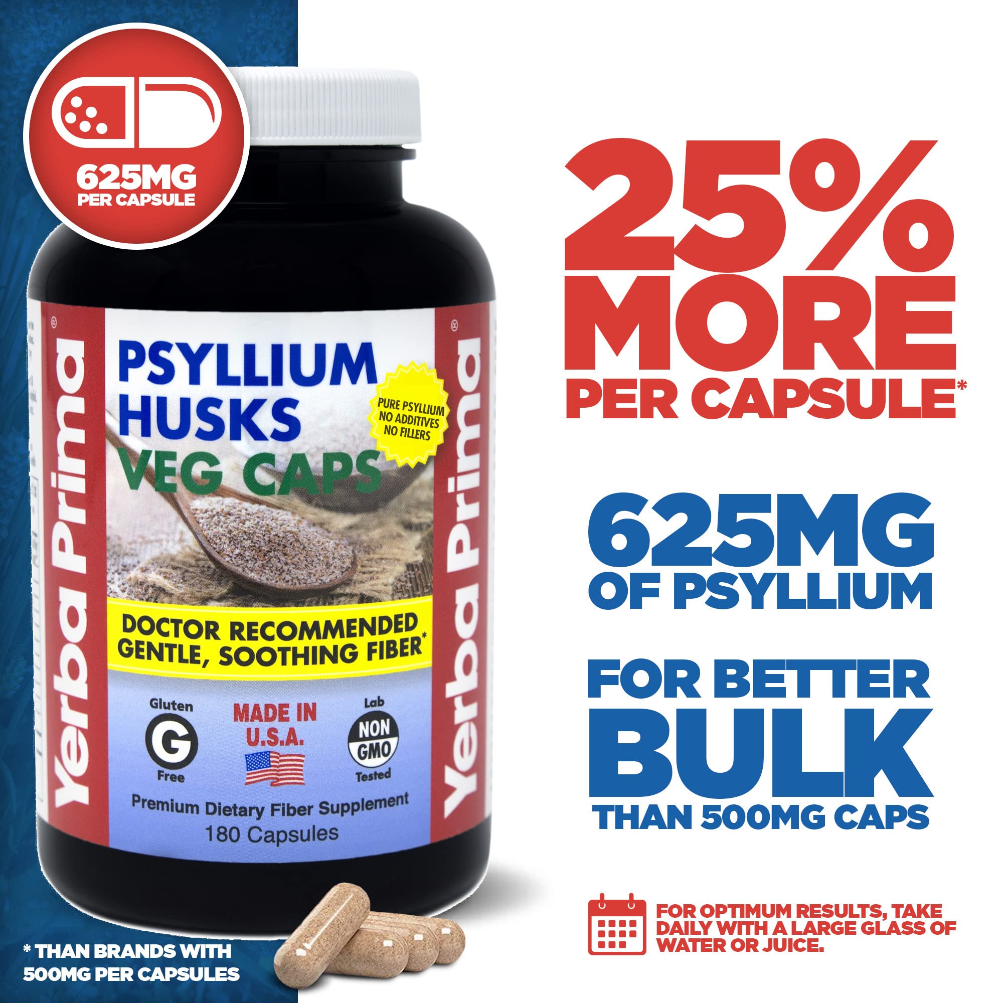 Yerba Prima Psyllium Husk Capsules bottle side – convenient daily fiber for regularity.