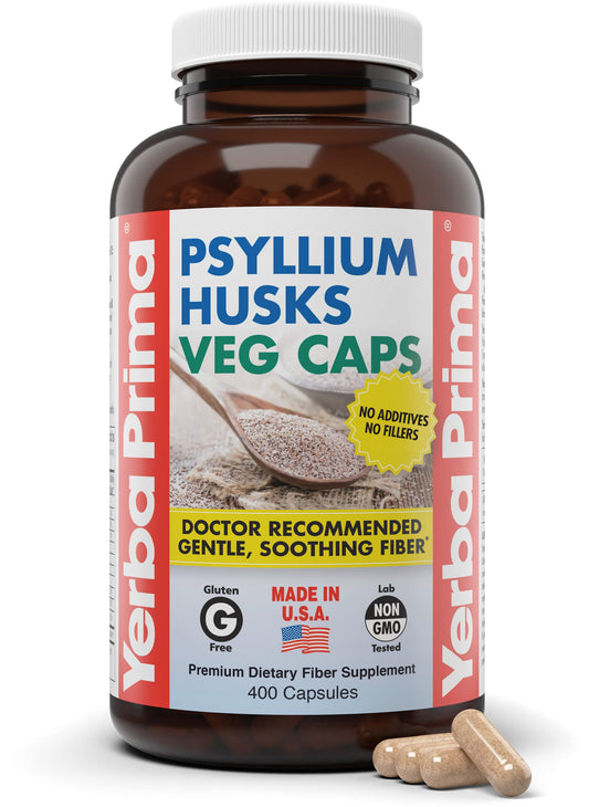 Yerba Prima psyllium husk capsules bottle for daily fiber support