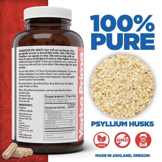 Close-up of Yerba Prima Psyllium Husk Capsules showing 625 mg per cap