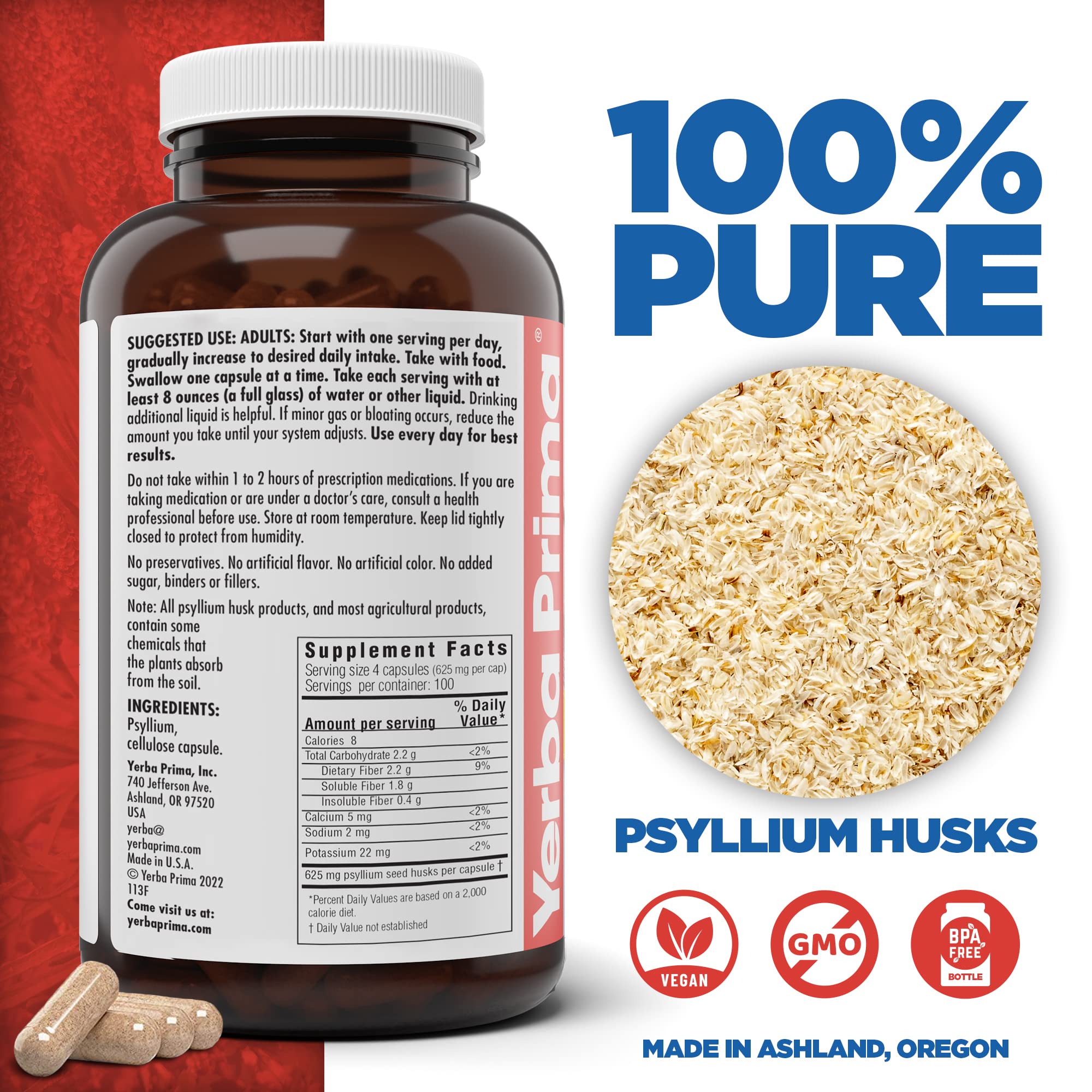 Closeup of Yerba Prima psyllium husk capsules emphasizing bulk fiber