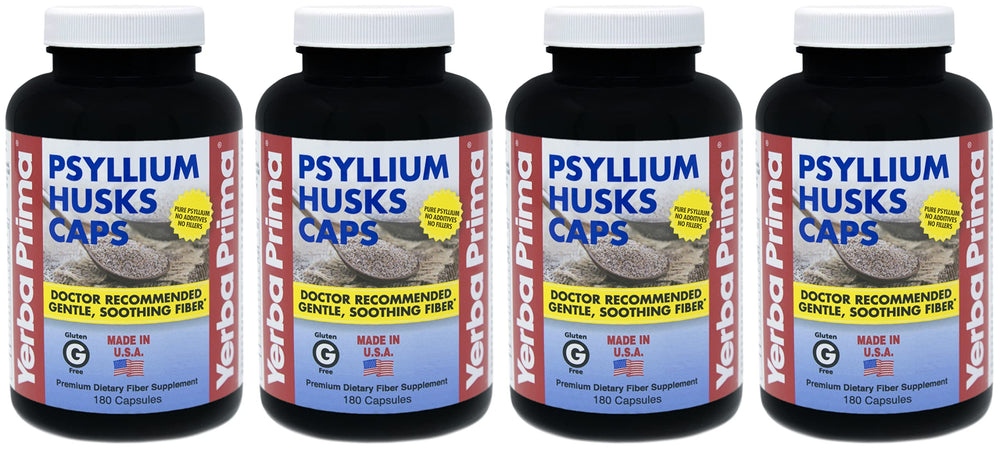 Yerba Prima Psyllium Husks Caps bottle front supports daily regularity with natural fiber.
