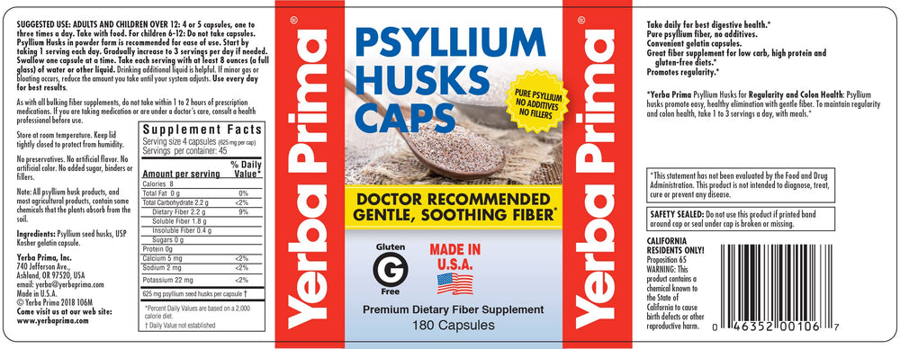 Yerba Prima Psyllium Husks Caps bottle side view, a convenient daily fiber option.