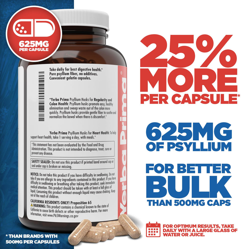 Closeup of Yerba Prima label highlighting 625 mg psyllium per capsule for regularity