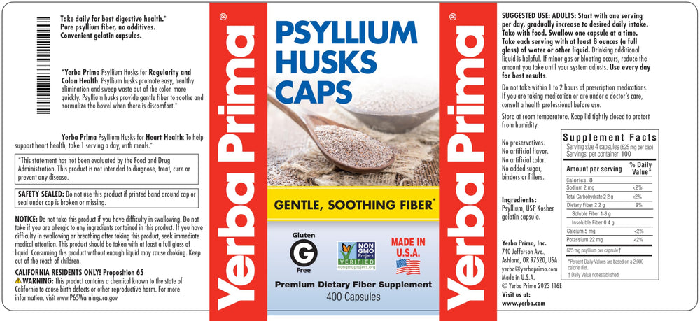 Dosing scene with Yerba Prima psyllium husks caps and water for easy elimination support