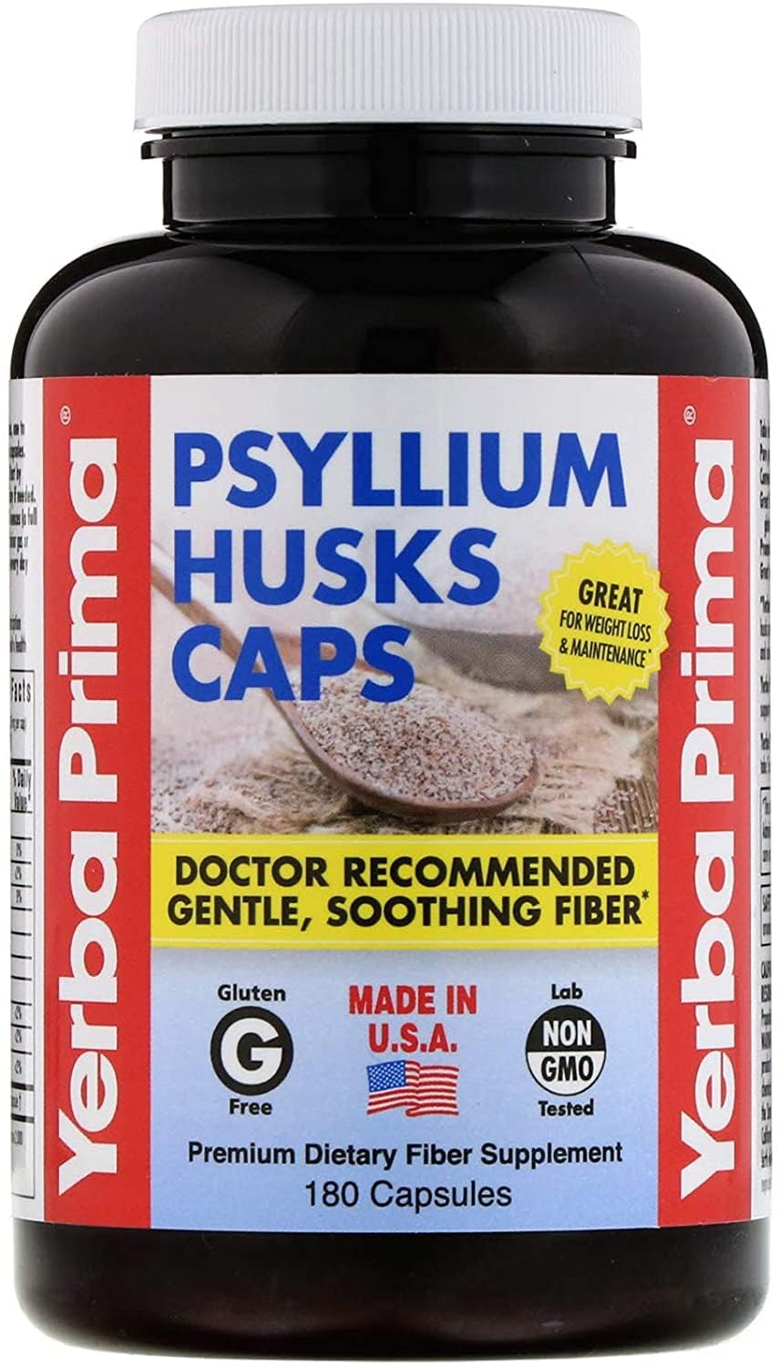 Ingredients panel highlights natural psyllium husks with no added sugar, binders, or fillers.