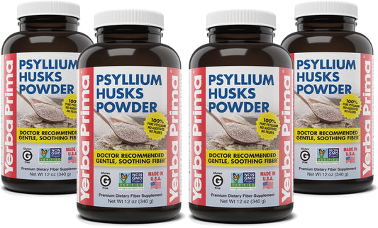 Yerba Prima Psyllium Husks Powder four-pack bottles for daily fiber support.