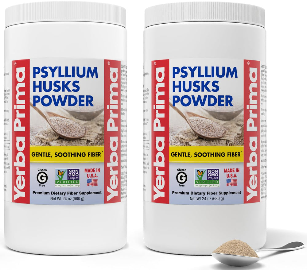 Yerba Prima Psyllium husks powder bottle on shelf highlighting convenient daily fiber