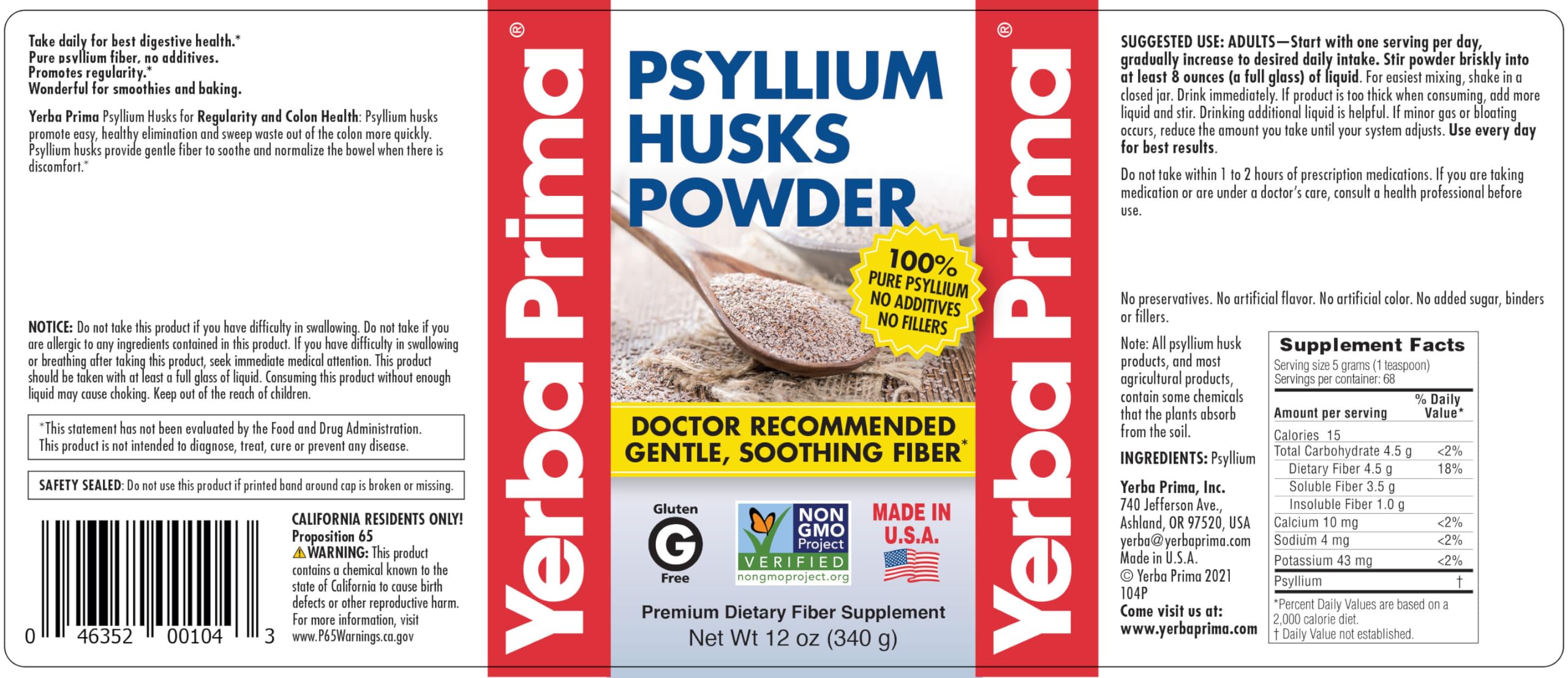 Front packaging showing Yerba Prima Psyllium Husks Powder's clean ingredient list.
