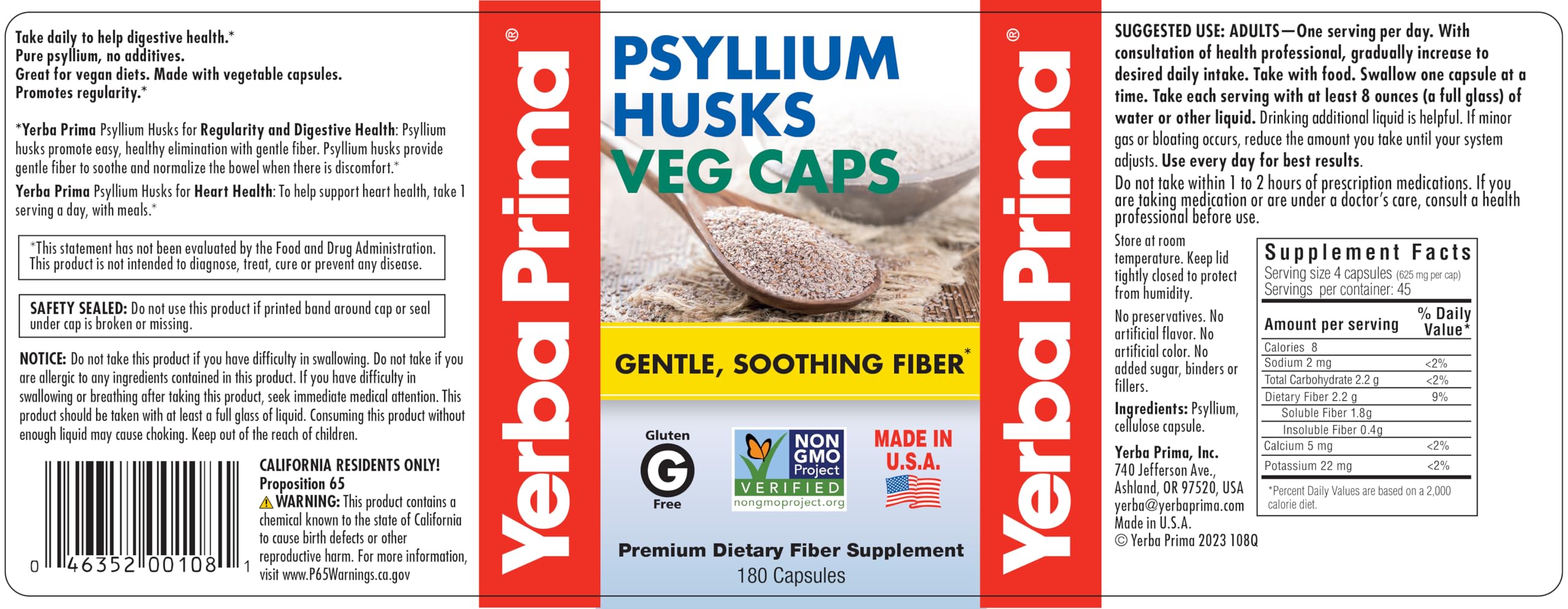 Yerba Prima Psyllium Husks Veg Caps bottle with branding for gut health support.