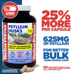 Yerba Prima Psyllium Husks Veg Caps 180-count pack shown with nutrition label for regularity.