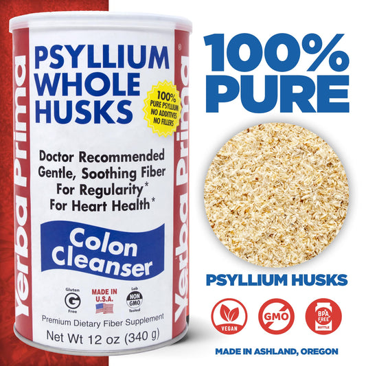 Yerba Prima Psyllium jar pouring into glass for easy daily fiber.