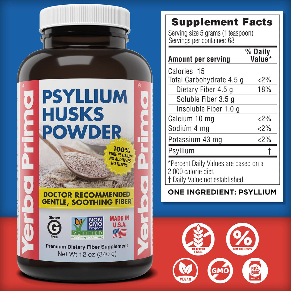 Yerba Prima psyllium powder being poured to show easy daily supplementation.