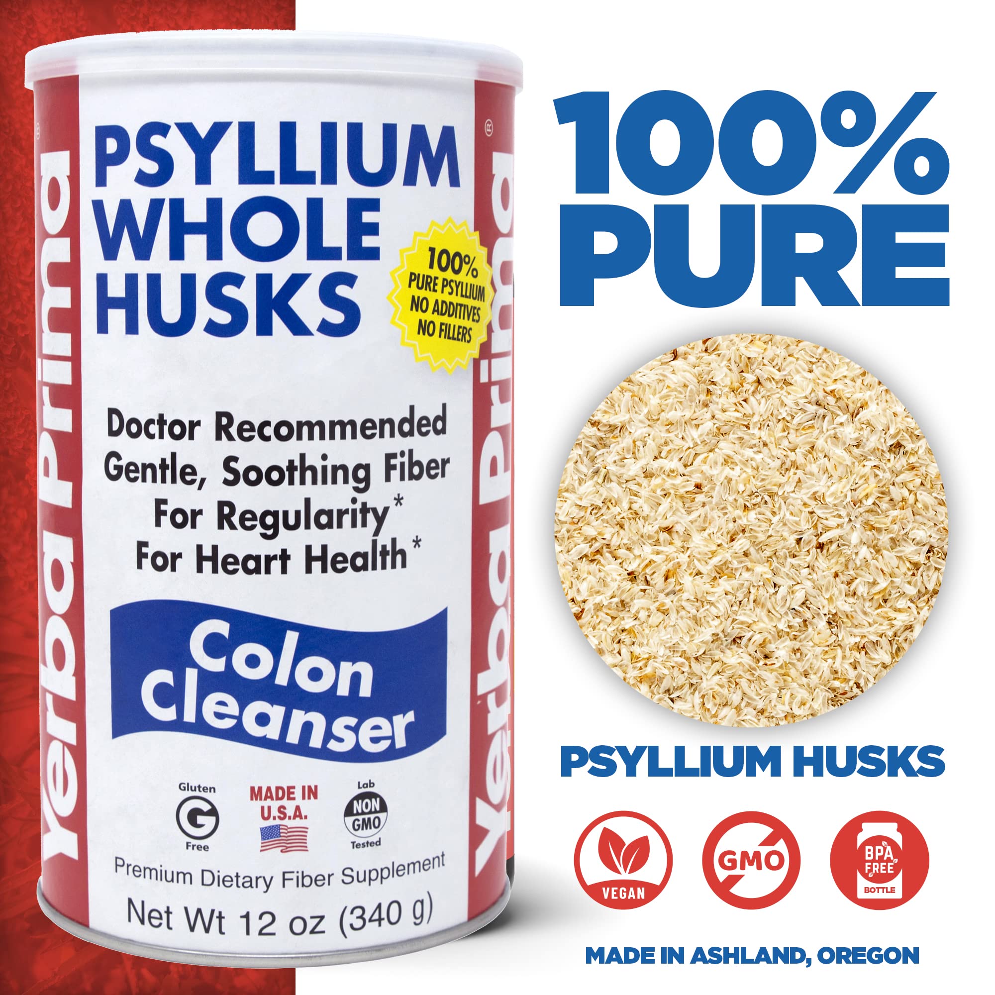 Yerba Prima Psyllium Whole Husks bottle back label with directions for fiber supplementation.