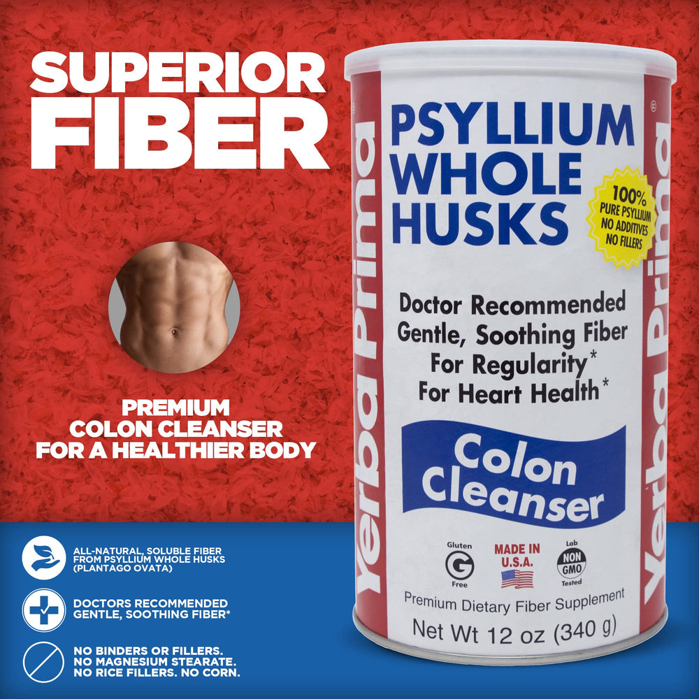 Yerba Prima Psyllium Whole Husks ingredients panel shows gluten-free and non-GMO fiber option.