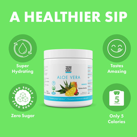 Yes You Can Aloe Vera Mango mix in a glass with ice for a refreshing hydration.