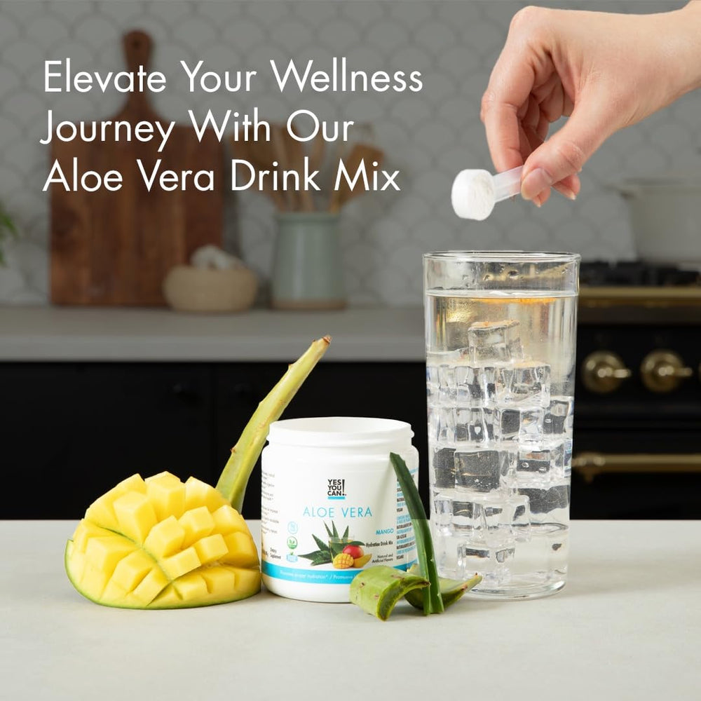 Yes You Can Aloe Vera powder canister on a clean kitchen counter ready to use.