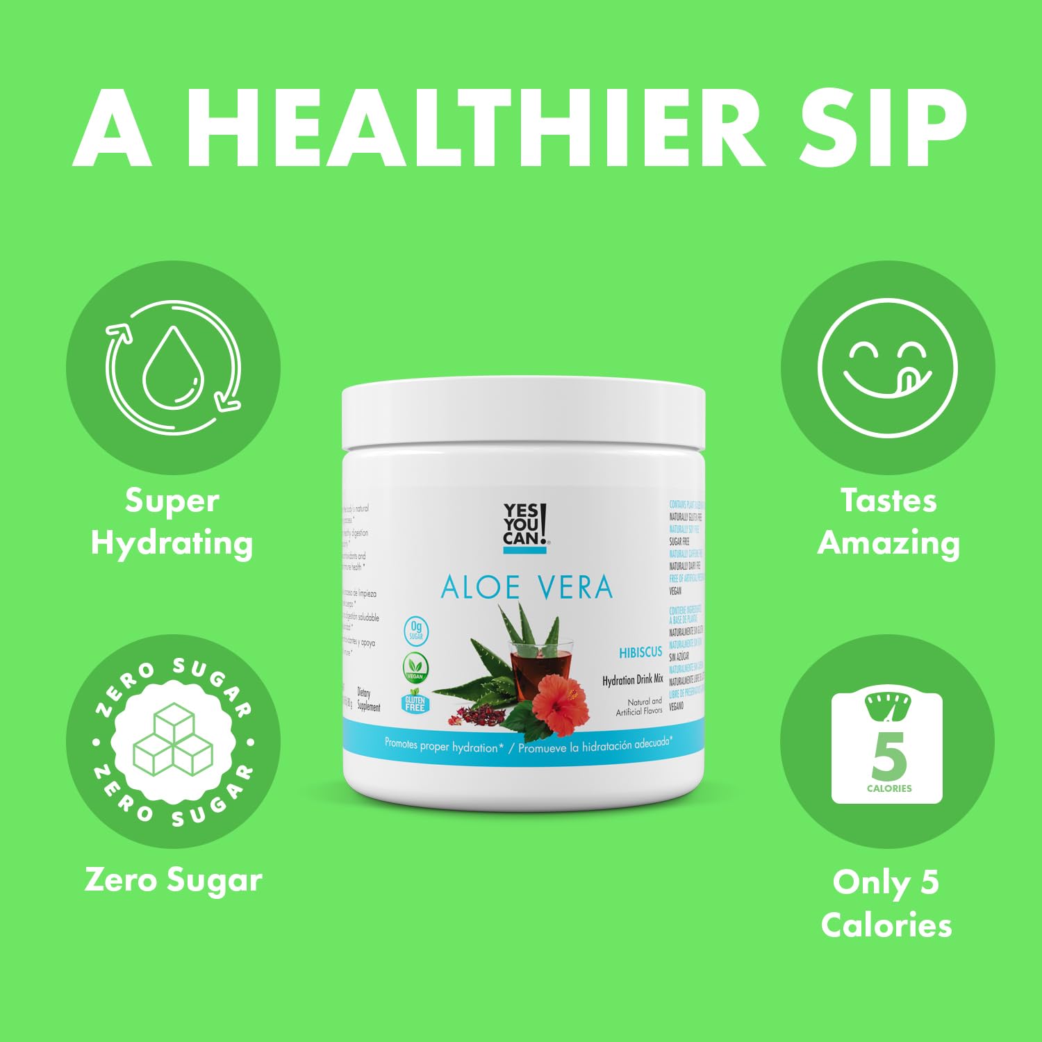 Yes You Can! Aloe Vera Drink Mix bottle pouring into glass for refreshing hydration.