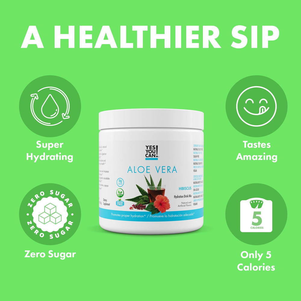 Yes You Can! Aloe Vera Drink Mix bottle pouring into glass for refreshing hydration.