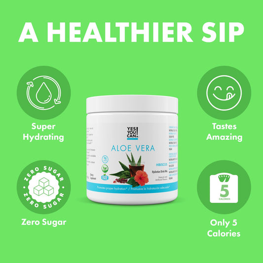Yes You Can! Aloe Vera Drink Mix bottle pouring into glass for refreshing hydration.